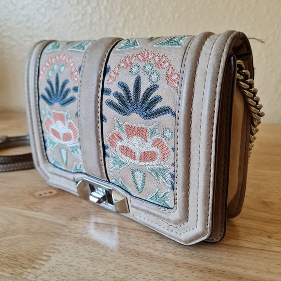 Rebecca Minkoff Small Love Embroidered Nubuck Crossbody Bag Neutral Taupe - Picture 3 of 9